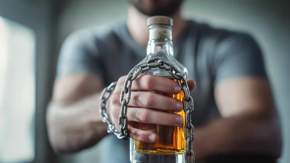 Hombre encadenado a una botella de alcohol