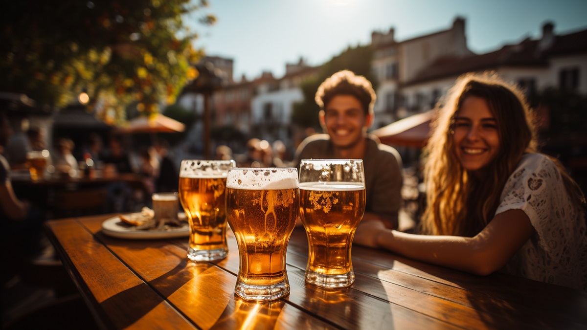 adolescentes consumiendo alcohol en la terraza de un bar