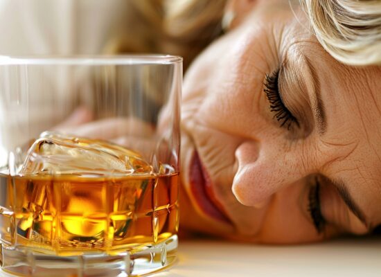 Rostro de una mujer con alcoholismo durmiendo junto a un vaso de alcohol.