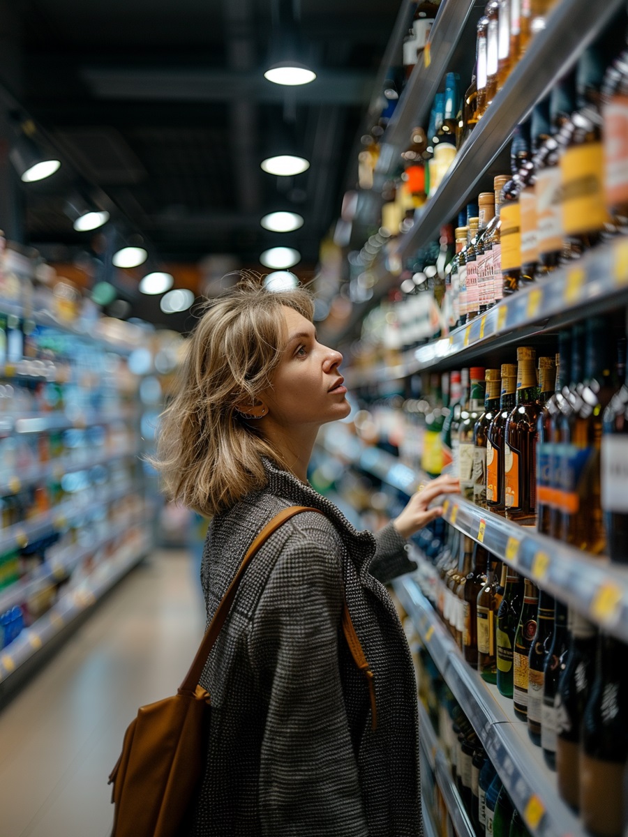 Una mujer en la sección de bebidas alcohólicas del supermercado.