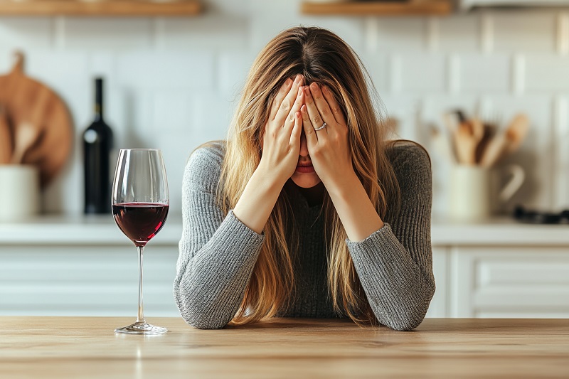 Mujer apenada frente a un vaso de vino