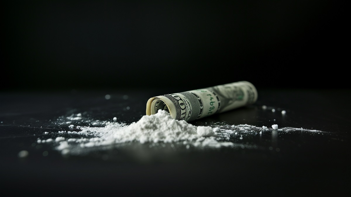 Polvo de cocaína sobre una mesa junto a un billete enrollado