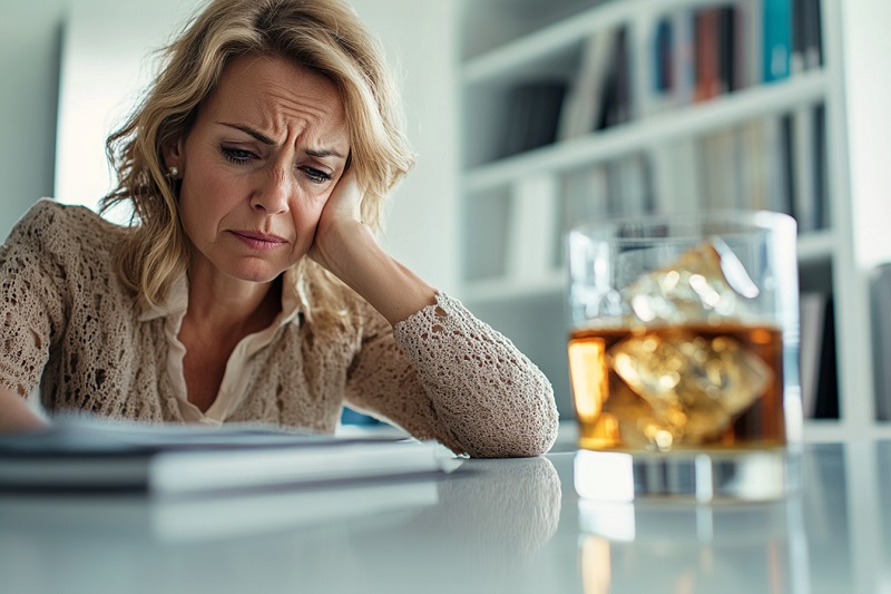 Mujer angustiada frente a un vaso de alcohol