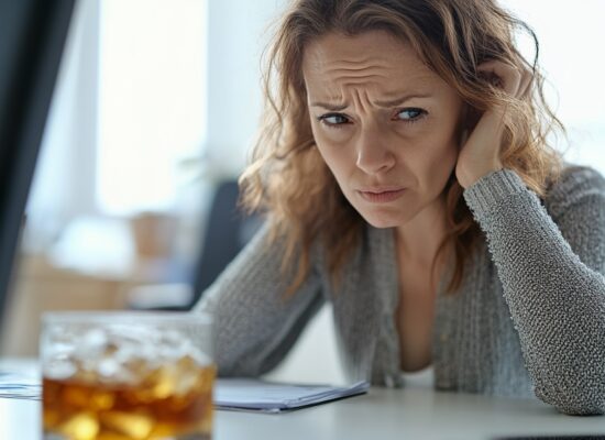 Mujer con depresión frente a un vaso de alcohol