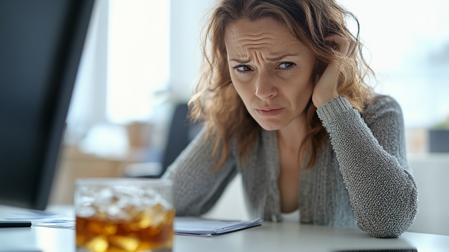 Mujer con depresión frente a un vaso de alcohol