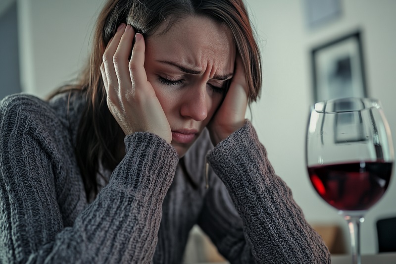 Mujer apenada frente a un vaso de alcohol