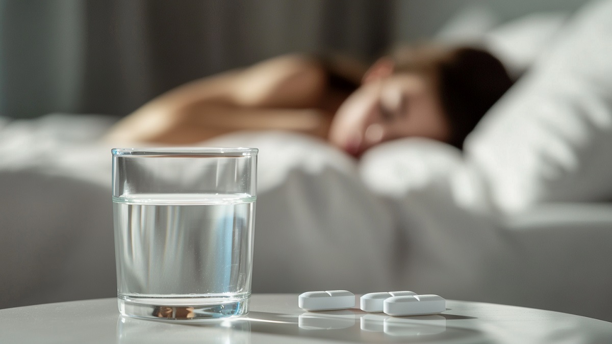 pastillas para dormir en la mesilla de noche de una mujer con insomnio