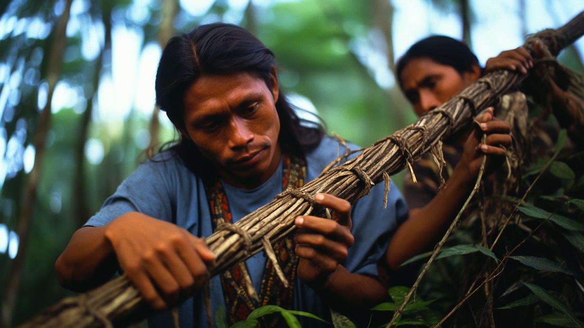 indígena recolectando lianas para hacer ayahuasca