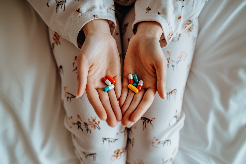 Una mujer con adicción mostrando pastillas para dormir y tranquilizantes.